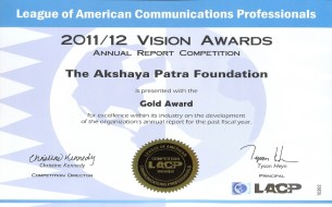 Akshaya Patra receives Gold Award at LACP 2011/12 Vision Awards