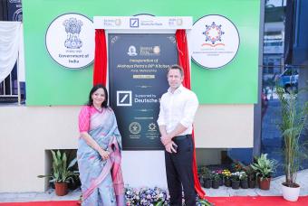 Ms Ruchi Khemka, Head of CSR Deutsche Bank and Mr Benjamin Alka, Managing Director of Deutsche Bank, in front of the unveiled plaque
