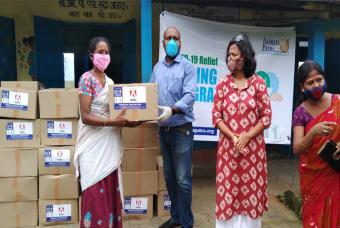 Essential grocery boxes being handed out