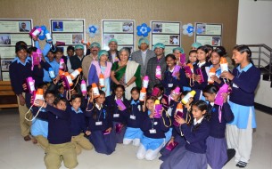 The school children were gifted water bottles and geometry boxes 